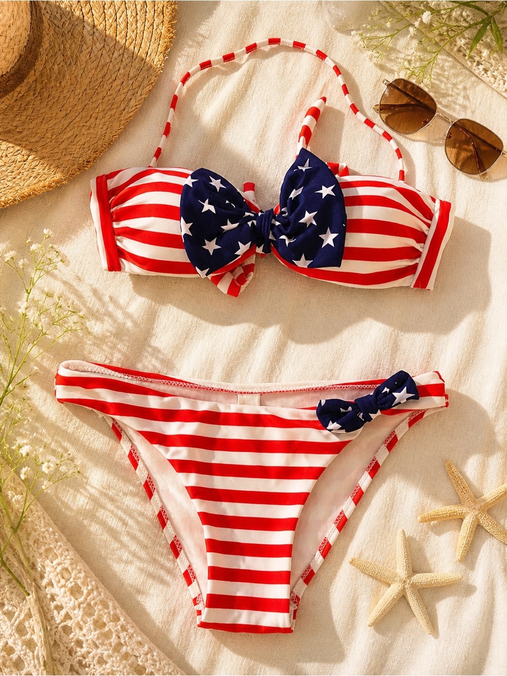 Patriotic Red & White Striped Bikini with Navy Star Bows
